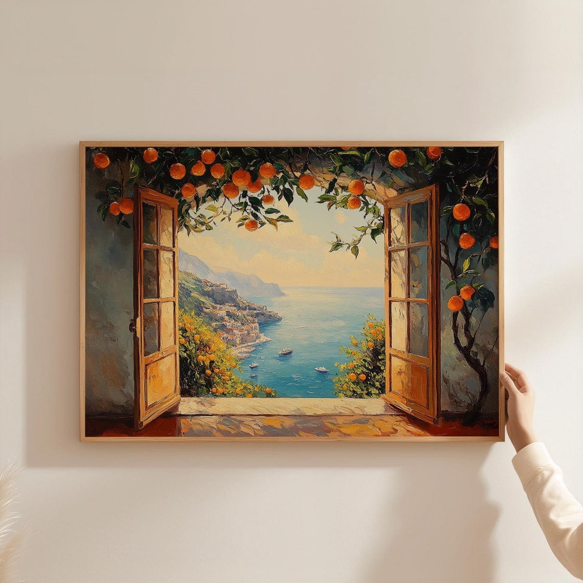 Customized Window Scenery Open Window Scene Mediterranean Sea Coastal Vintage Oranges Ocean View ...