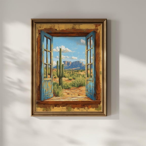 Open Window Scene Oil Painting Printable Wall Art Desert Landscape Cactus Mexican Mexico Arizona Nature Wall Decorprint Digital Download, Unframed Canvas Size 8x12