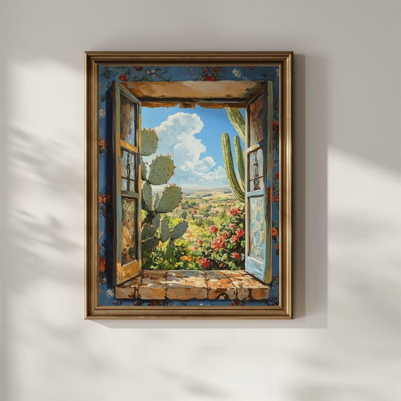 Open Window Scene Oil Painting Printable Wall Art Desert Landscape Cactus Mexican Mexico Arizona Wall Decor Poster Print Digital Download, Stretched Canvas Size 8x12