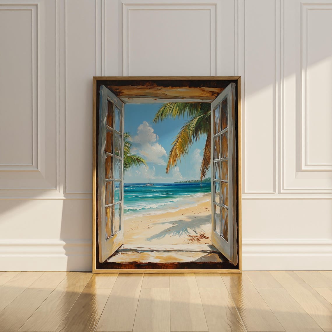 Customized Window Scenery Open Window Scene Tropical Beach House Coastal Ocean View Vintage ...