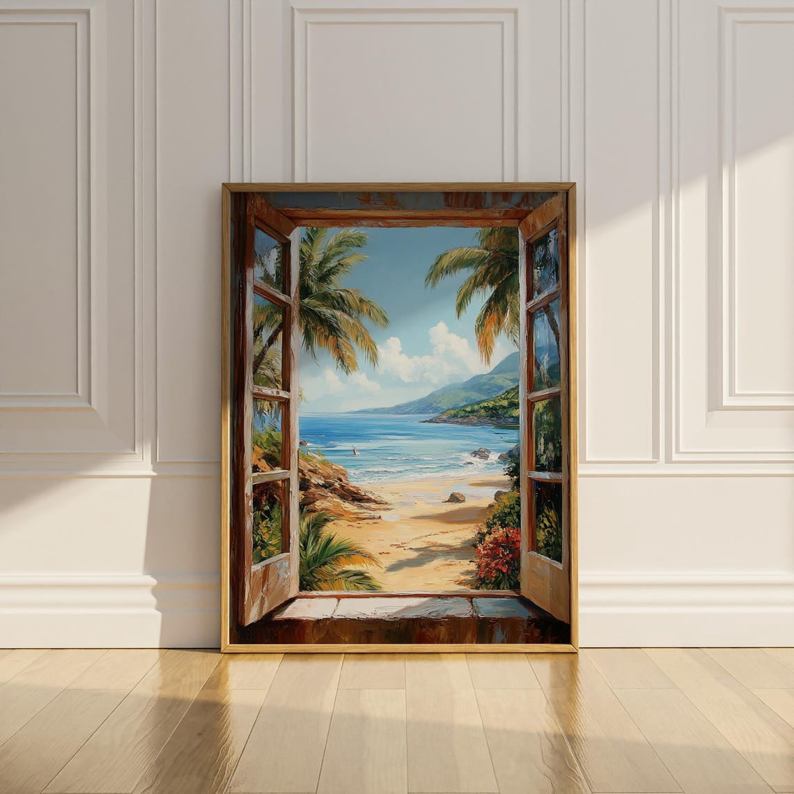 Customized Window Scenery Open Window Scene Tropical Beach House Palm Trees Coastal Poster ...