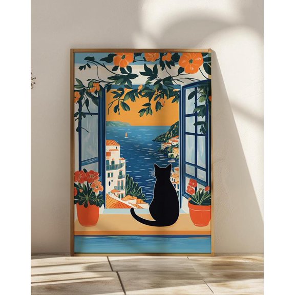 Open Window Seascape Art Print, Black Cat Illustration, Coastal View, Unframed Paper Print Size 16x24