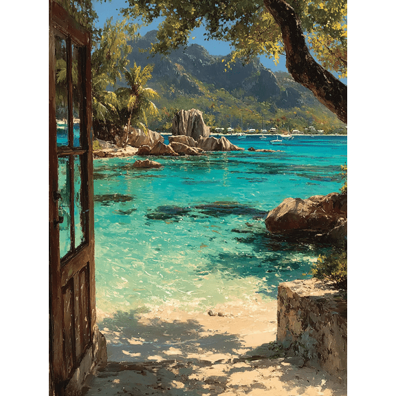 Open Window Seychelles Beach View Canvas Print, Tropical Beach Painting, Scenery Wall Art