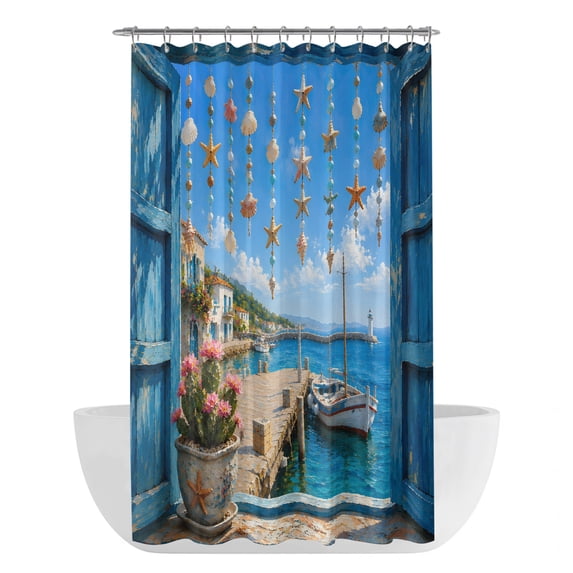Open Window Shower Curtain - Water Repellent Fabric Shower Curtains Washable, Coastal Summer Vacation Manor Sailboat Decorative Polyester Cloth Bathroom Curtains Modern Bath Decor 36"x72"