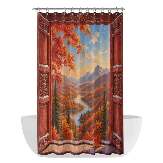 Open Window Shower Curtain - Water Repellent Fabric Shower Curtains Washable, Fall Orange Maple Leaves Forest Mountain Decorative Polyester Cloth Bathroom Curtains Modern Bath Decor 36"x72"