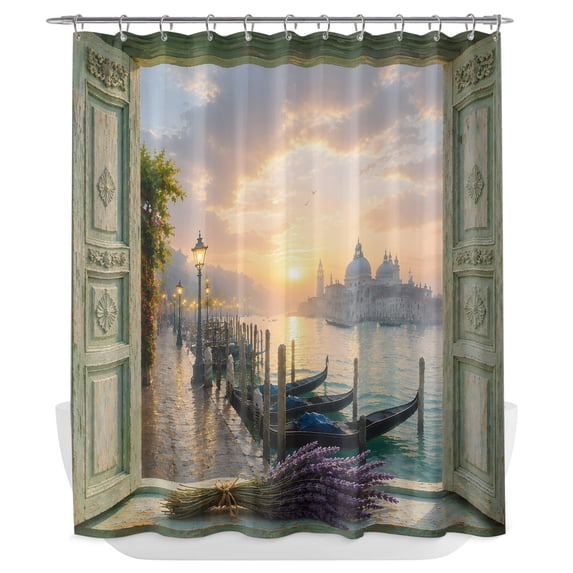 Open Window Shower Curtain - Water Repellent Fabric Shower Curtains Washable, Purple Lavender Coastal Castle Sailboat Decorative Polyester Cloth Bathroom Curtains Modern Bath Decor 72"x84"