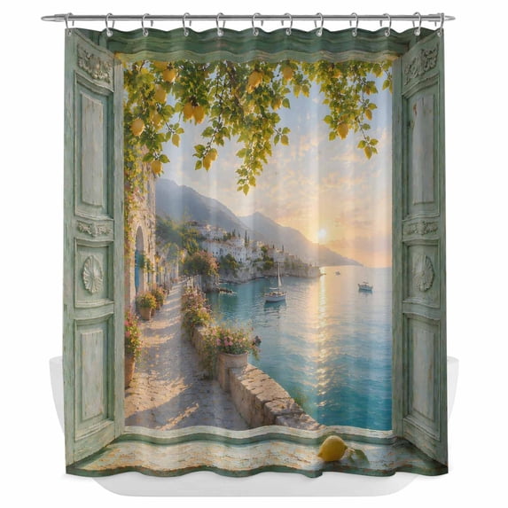 Open Window Shower Curtain - Water Repellent Fabric Shower Curtains Washable, Summer Lemon Coastal Country Manor Decorative Polyester Cloth Bathroom Curtains Modern Bath Decor 72"x72"