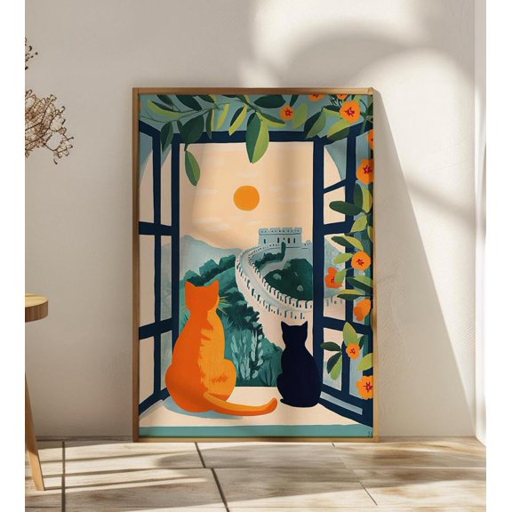 Open Window Travel Art Print, Cat Illustration, Scenic Destination, Stretched Canvas Size 12x18