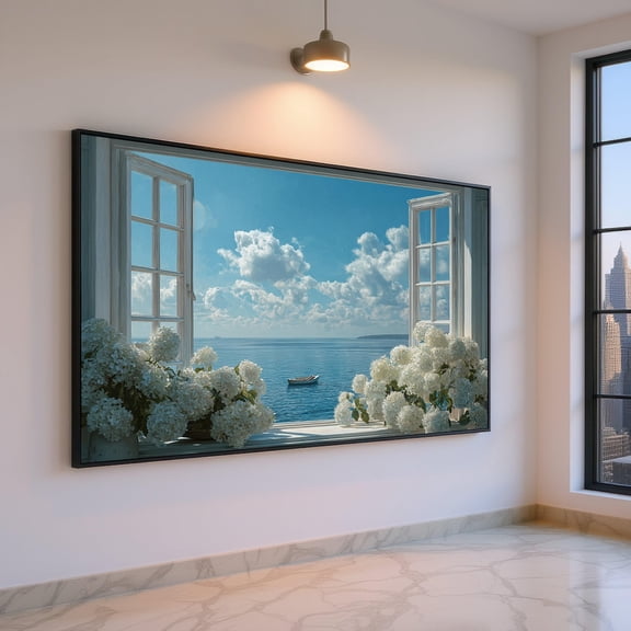 Open Window View Canvas Seaside Landscape Wall Decor White Hydrangeas Floral Decor Calm Ocean Scene Canvas Nature Wall Hanging