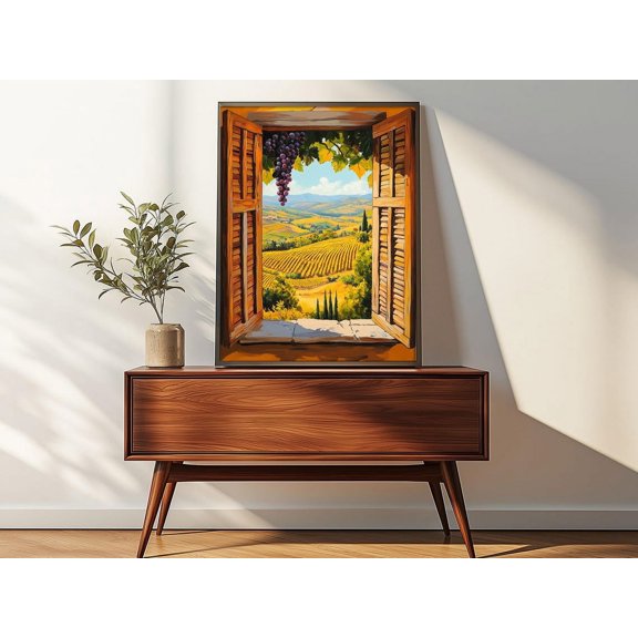 Open Window Vineyard Wall Art Print, Rustic Grapes And Countryside Landscape For Kitchen Decor