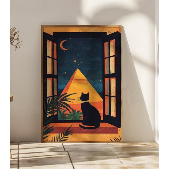Open Window Wall Art Print, Black Cat Illustration, Scenic View, Stretched Canvas Size 16x24
