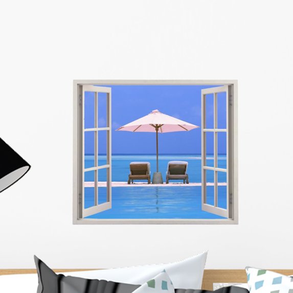 Open Window with Beach Wall Decal by Wallmonkeys Peel and Stick Graphic (18 in H x 12 in W) WM100137