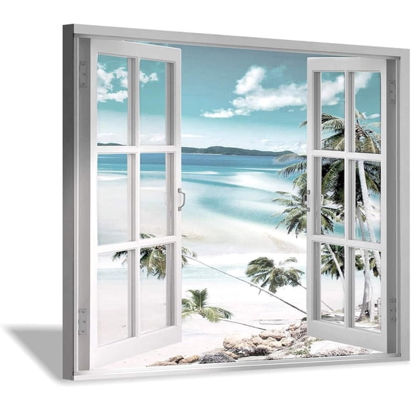 Open Windows Canvas Wall Art: Beach Coastal Palm Graphic Artwork Print on Wrapped Canvas Small for Bedroom(16''''x12'''')