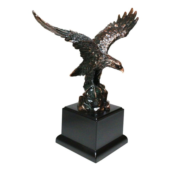 Open Winged American Bald Eagle Perching On Rocky Hill Figurine With Base