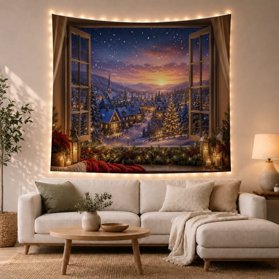 Open Wooden Double with Casement Window Grid Panes, Mystical Fantasy for Space Lovers, Galaxy Room Decor, Christmas Gift, Tapestry Wall Hanging for Bedroom and Dorm