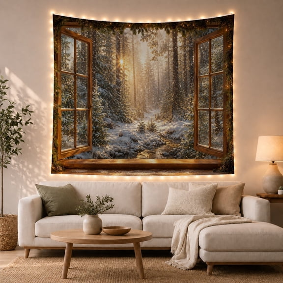 Open Wooden Window Onto a Snowy Evergreen Forest, Cozy Rustic for Nature Lovers, Winter Woodland Decor, Christmas Gift, Tapestry Wall Hanging for Bedroom and Living Room