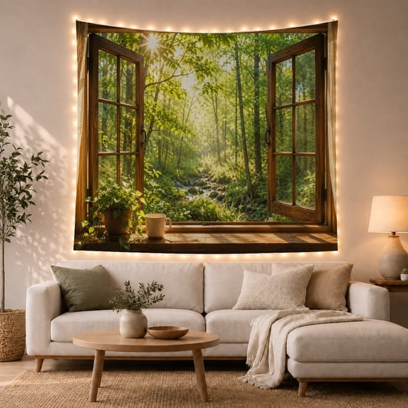 Open Wooden Window Onto a Sunlit Forest Creek, Peaceful Rustic for Nature Lovers, Woodland Creek Decor, Housewarming Gift, Tapestry Wall Hanging for Bedroom and Living Room