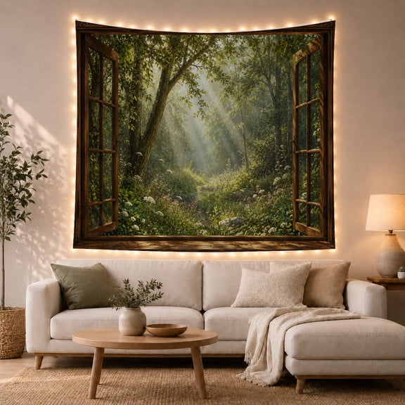 Open Wooden Window Onto a Sunlit Green Forest, Peaceful Digital Art for Nature Lovers, Woodland Wall Art, Housewarming Gift, Tapestry Wall Hanging for Bedroom and Living Room