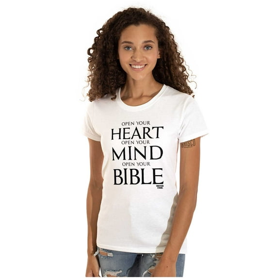 Open Your Heart Mind Bible Faith Womens Slim Fit Graphic Tee Brisco Brands M