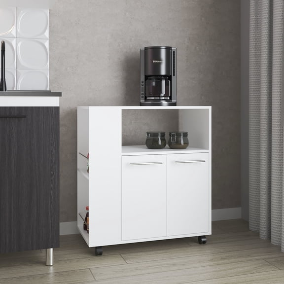 Open and concealed storage | White modern kitchen cart with caster wheels