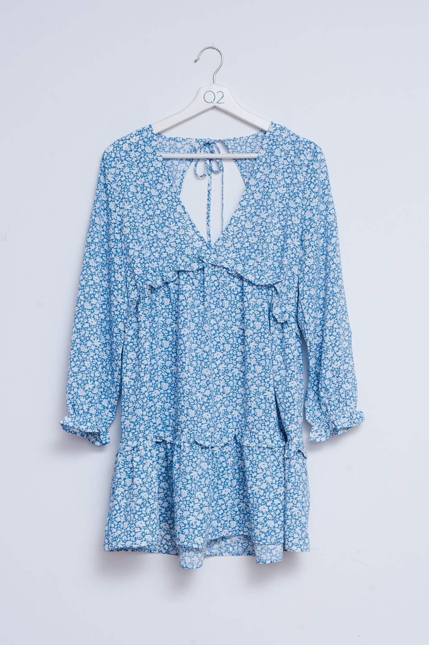 Open back mini tea dress in blue floral
