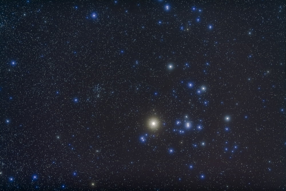 Open cluster Hyades and giant star Aldebaran in the constellation of Taurus Canvas Art - Alan DyerStocktrek Images (18 x 12)