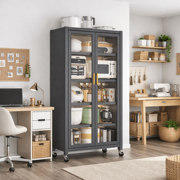 Open-door kitchen shelving Floor-to-ceiling multilevel household microwave storage cabinet bowls side cabinets cabinets Storage cabinets Grey color