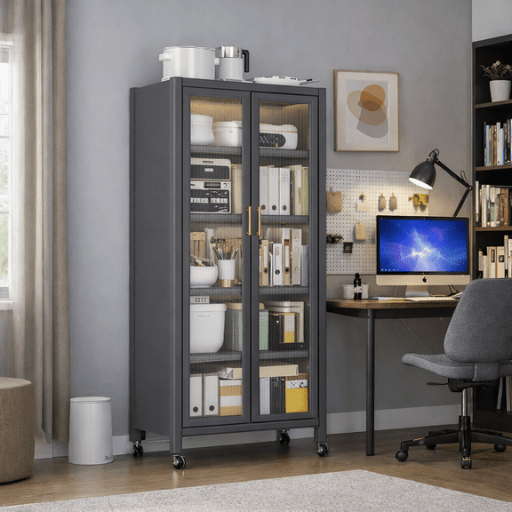 Open-door kitchen shelving Floor-to-ceiling multilevel household microwave storage cabinet bowls side cabinets cabinets Storage cabinets Grey color