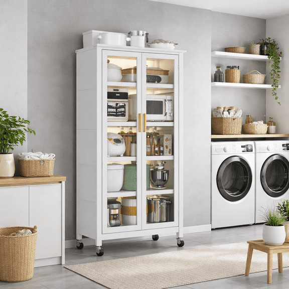Open-door kitchen shelving Floor-to-ceiling multilevel household microwave storage cabinet bowls side cabinets cabinets Storage cabinets white color