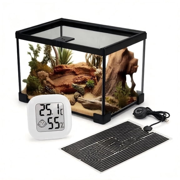 Glass Terrarium 12x8x8 With Heating Pad, Humidity Monitor & Ventilation For Leopard Geckos, Tarantulas, Frogs & Insects