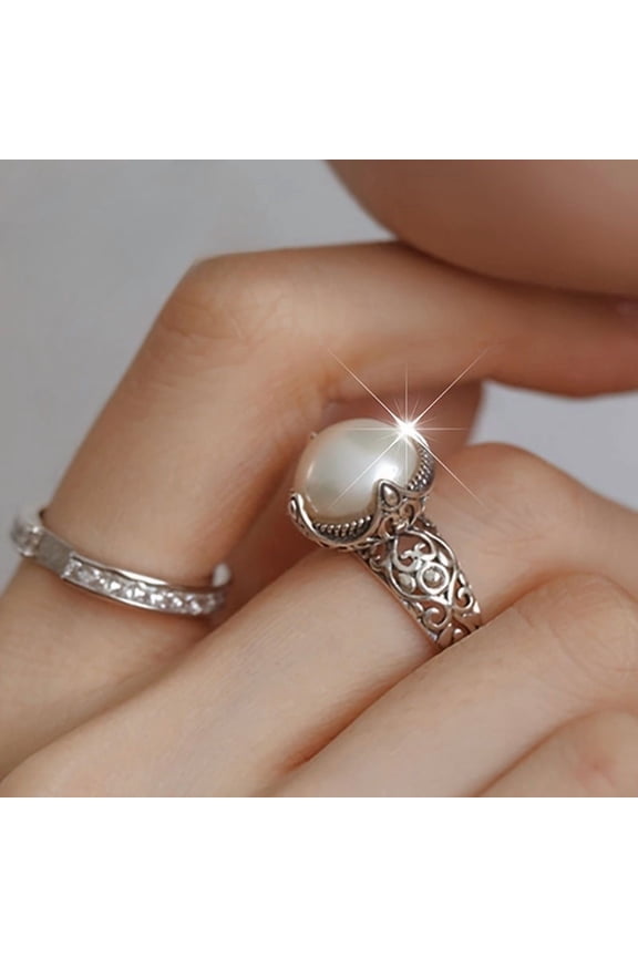 Open retro hollow pearl ring-women's ring-suitable for daily commuting-party, etc.