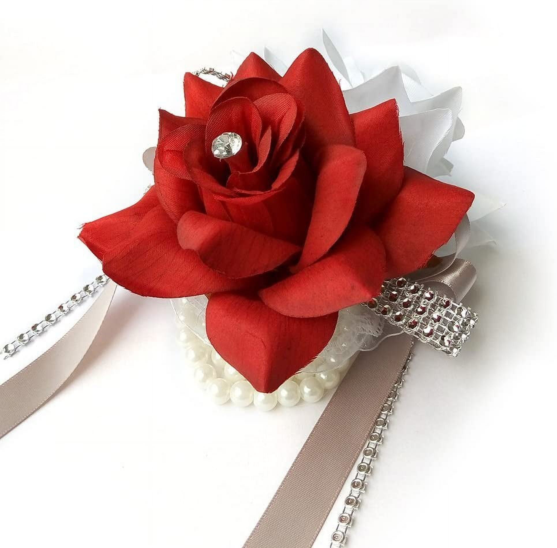 Open rose Wrist corsages with pearl wristband for wedding,prom,dance,homecoming.  Atificial flower (White/Apple Red) - Walmart.com, image size:1930x1898