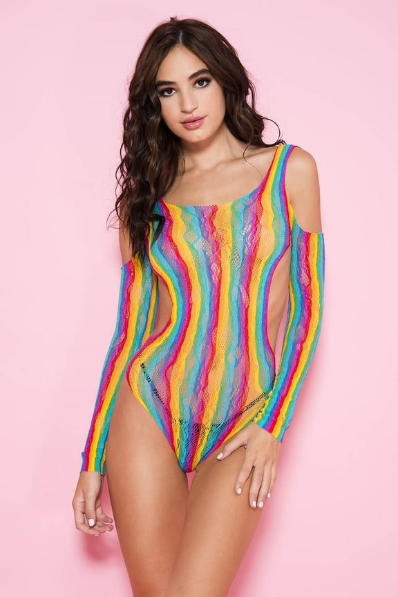 Open shoulder rainbow teddy with side cut outs 80074-RAINBOW