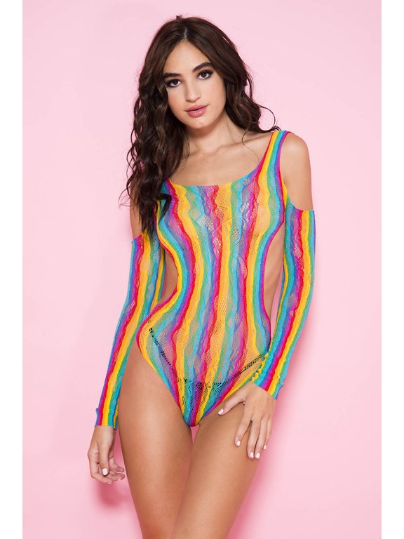 Open shoulder rainbow teddy with side cut outs 80074-RAINBOW