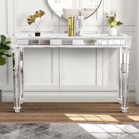 Open storage mirrored console table for entryway bringing unique charm