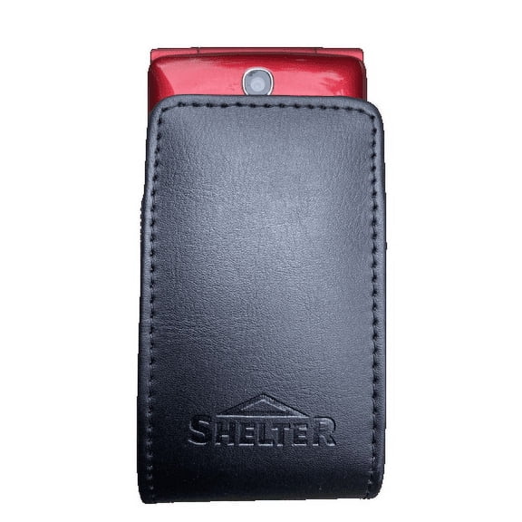 Open top Rugged leather case with Pinch clip that rotates compatible with Consumer Cellular Iris Flip Flip Phone