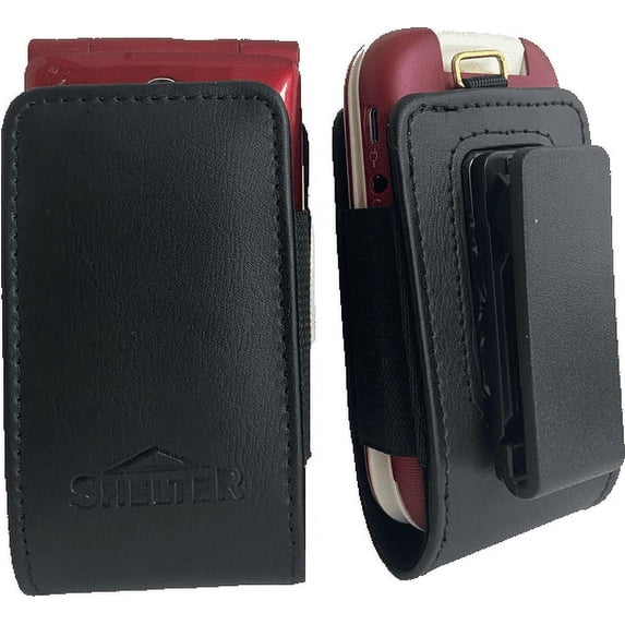 Open top Rugged leather case with Pinch clip that rotates fits Alcatel Go Flip 3