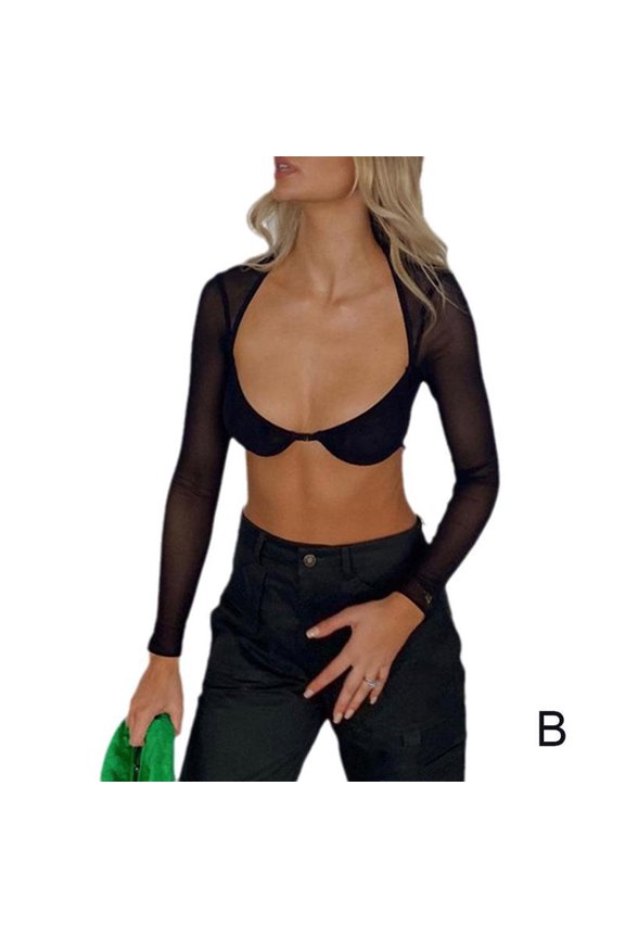 Open-waist And Open-back Mesh Long-sleeved Black And Top White R9G3 S-L Printed R0J2 H8O5 M8X6 G5D7
