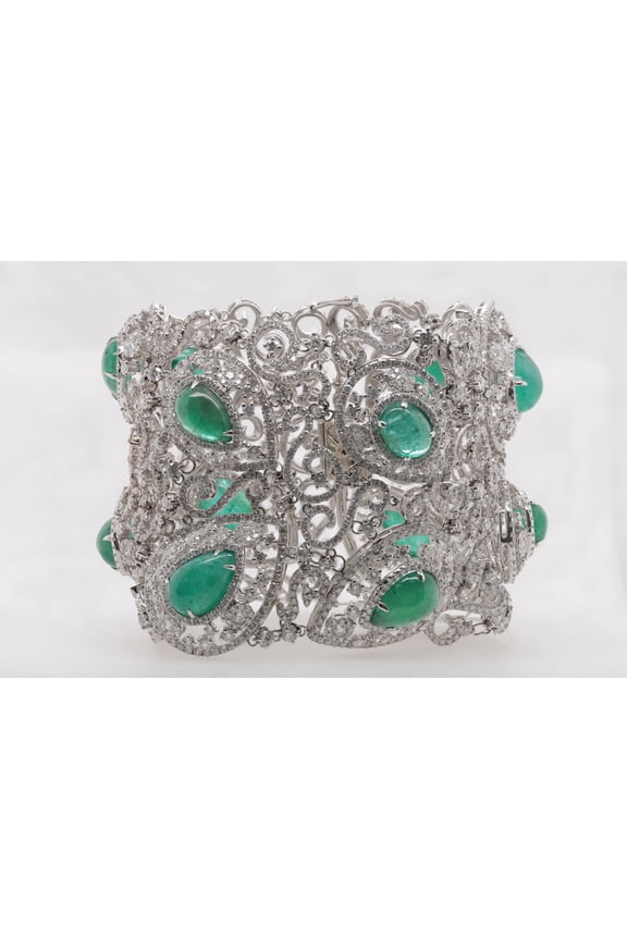 Open Work 18 Kt White Gold Diamond Soft Fashion Bracelet Adorned With 36.50 Cts Tw Of Diamonds And With 48.73 Cts Tw Of Green Emeralds Laid Throughout (C.Dunaigre Certified)