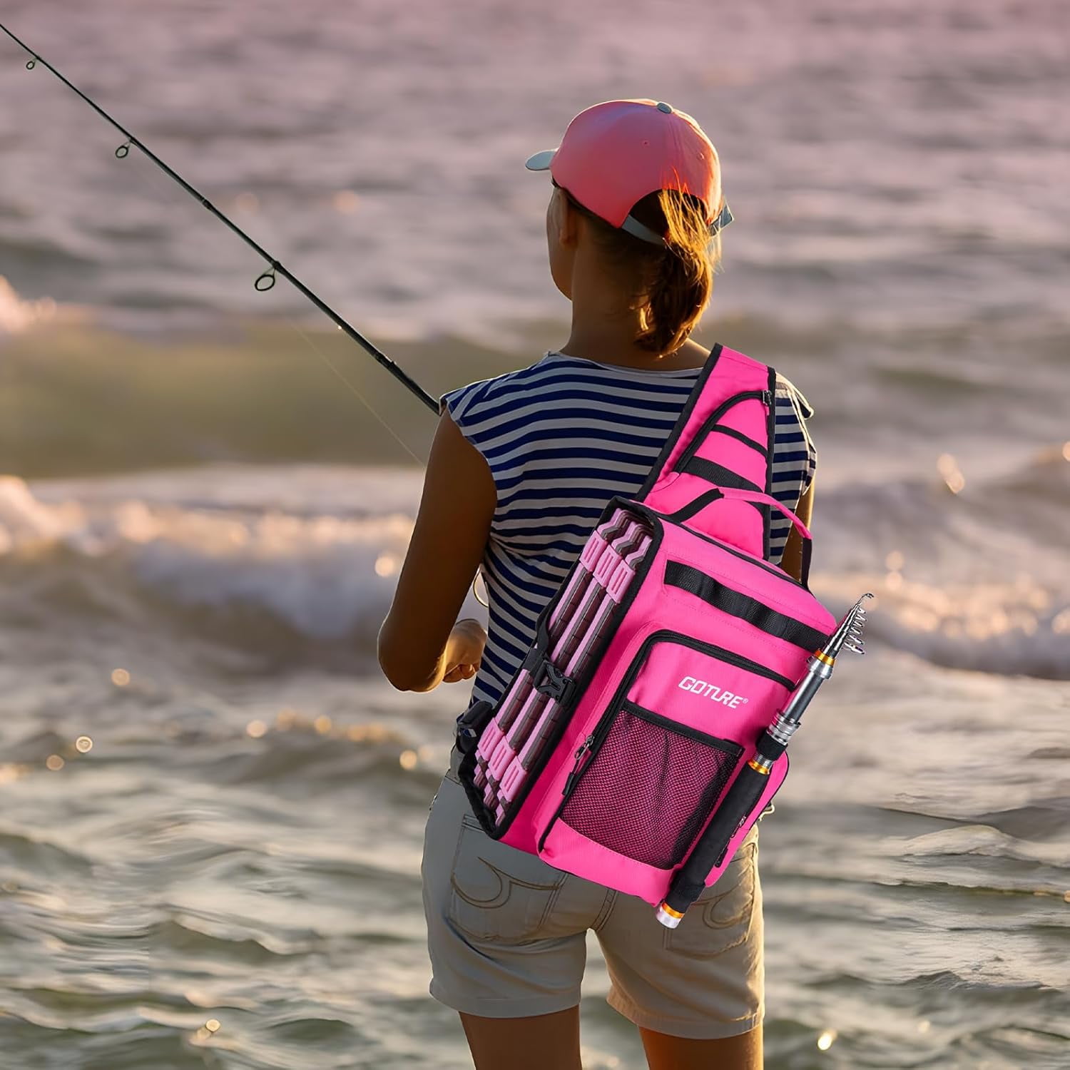 OpenSide Tactical Sling Tackle Bag with 3 3700 Trays Lightweight Fishing Backpack Storage Gear Pink