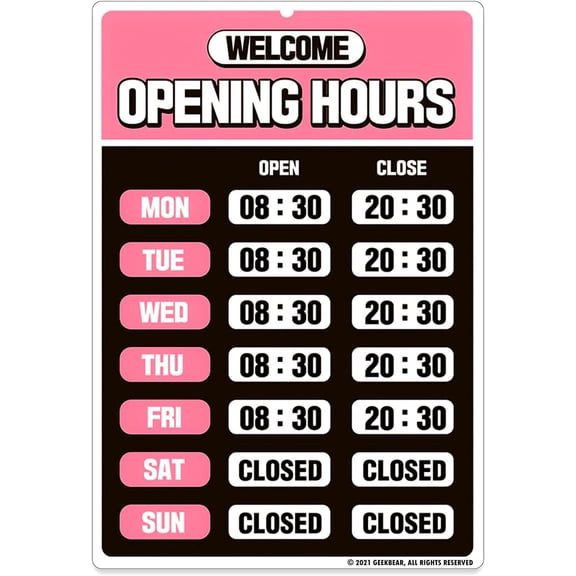 Opening Hours Sign Kit (03. Pink) - Colorful Business Hours Sign for Store or Office - Weatherproof and Changeable Hours of Operation Sign