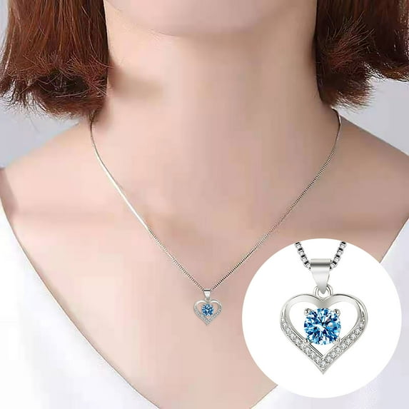 Openpig Blue Heart Necklace, Cubic Zirconia, Sterling Silver plated Pendant Necklace for Women