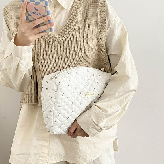 Openpig Cotton Makeup Bag Large Travel Cosmetic Bag Quilted Cosmetic Pouch Coquette Aesthetic Floral Toiletry Bag