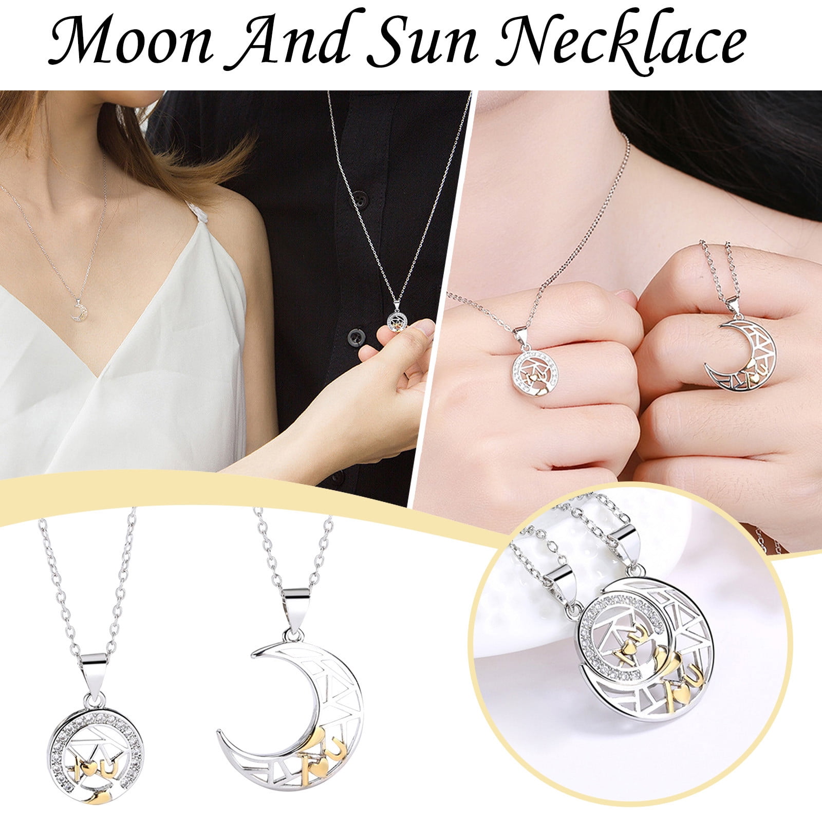 Openpig Couples Necklace for 2 PCS Sterling Silver Sun and Moon