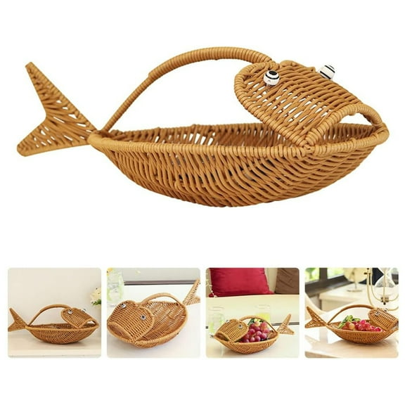 Openpig Creative Wicker Bread Basket Fish Animal Shaped Rattan Fruit Bowls Food Basket Snack Grapevine Woven Storage Basket Food Basket for Home Kitchen