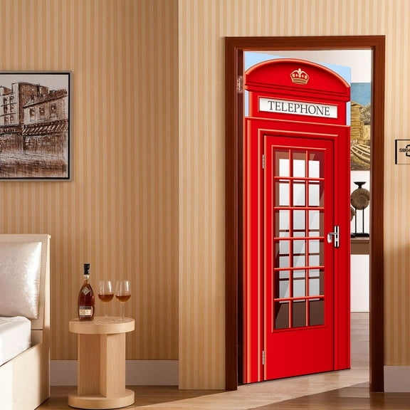 Openpig Door Sticker Decor Removable Mural Wallpaper of PVC Art Sticker, London Red Phone Booth Wall Decal Art 3D Wallpaper