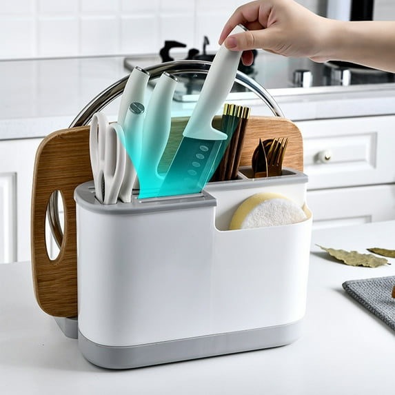 Openpig Knife Holder, with Slots for Scissors, Cutlery, Chopping Board, and Water Tray, Multifunctional Knife Stand for Safe, Clean and Tidy Kitchen Organiser