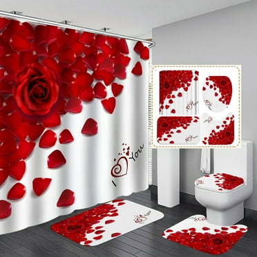 Openpig Shower Curtains with Bath Rugs Non-Slip Soft Toilet Lid Cover for Bathroom, Waterproof Home Tub Curtains Sets with Memory Foam Rugs, 3D Print Four-Piece Red Rose Petals