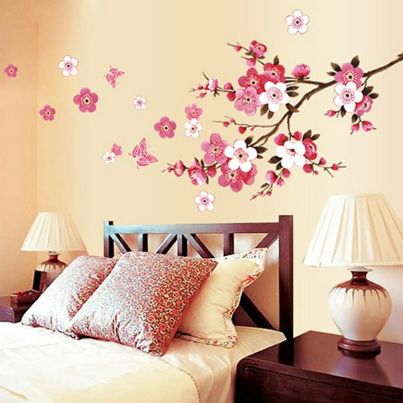 Openpig Spring Pink Peach Tree Branch Flower Wall Sticker Living Room Kid Girls Bedroom Wall Decals Removable PVC Plant Murals Peel and Stick Wall Decorations Art