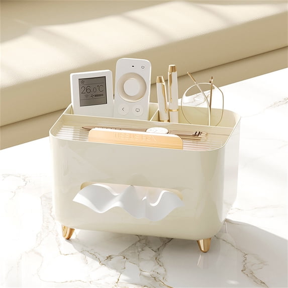 Openpig Tissue Box Multifunction Countertop Organizer 2 Compartments 1 Tray Boutique Stationery Storage Caddy Plastic